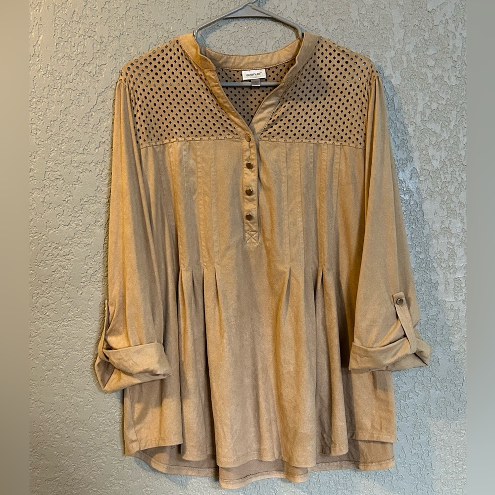 Avenue Faux Suede Cutout Top Long Sleeve in Tan